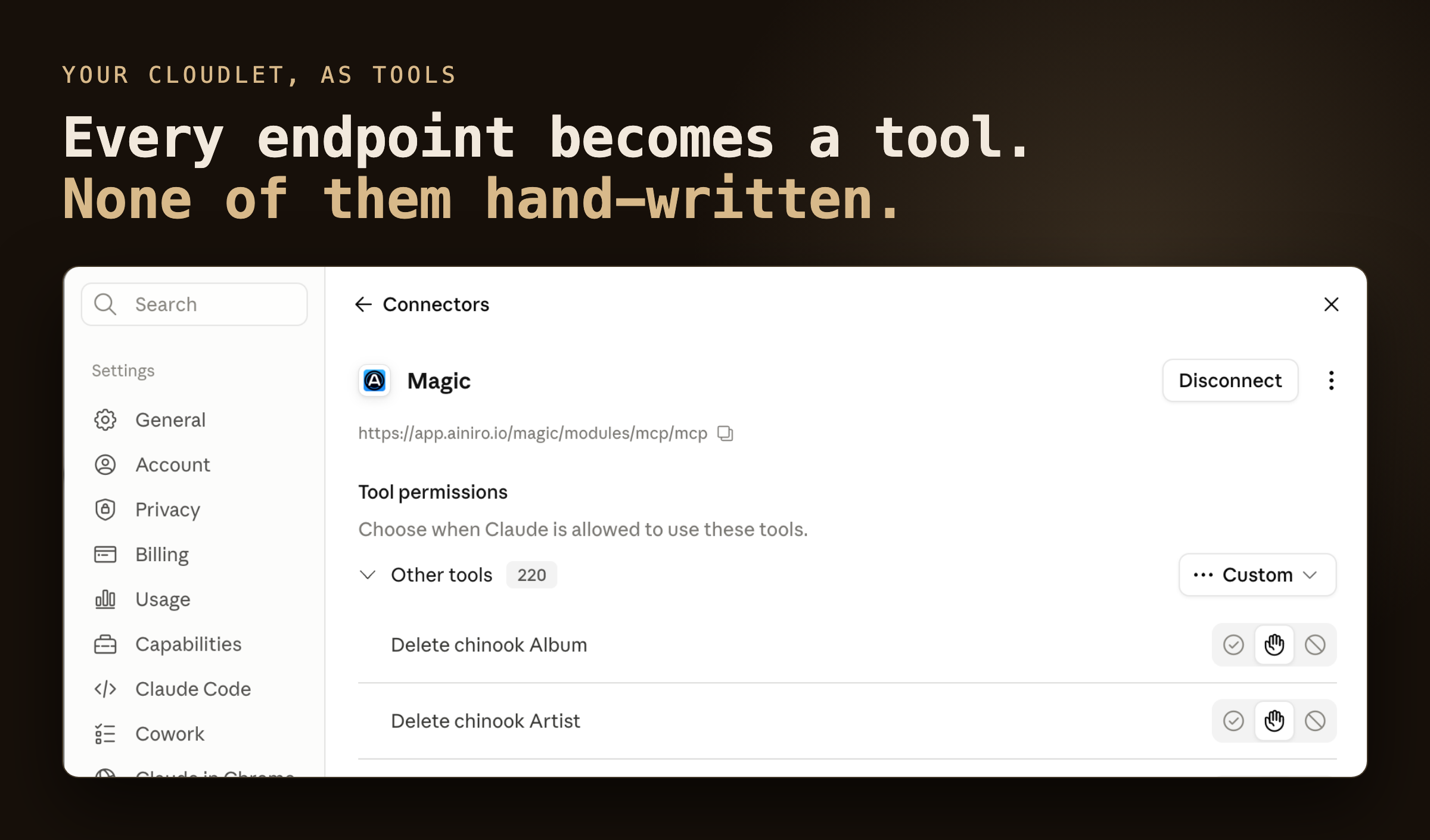 A Magic cloudlet connected to an AI agent, exposing 220 endpoints as callable tools with per-tool permissions
