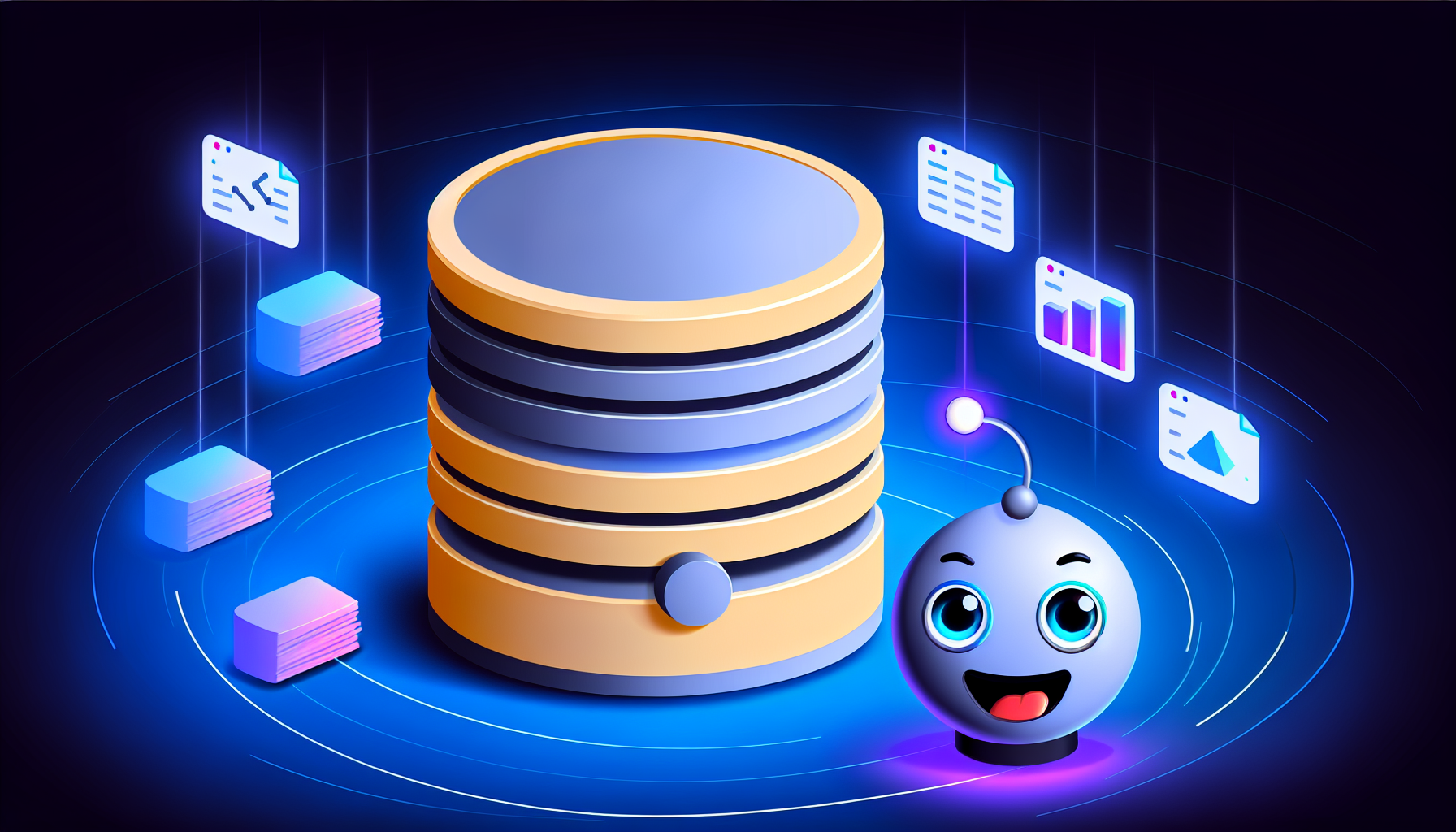 Cartoon AI helper interacting with a large database