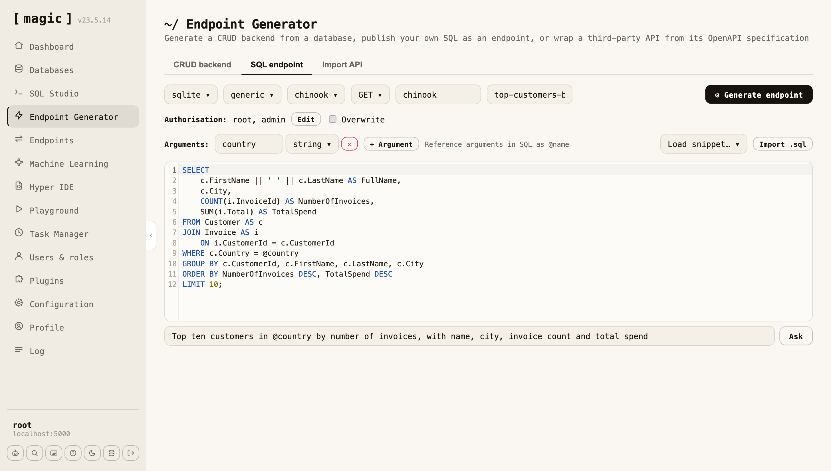 The SQL endpoint tab with a country argument declared, a plain-English request in the prompt bar, and the SQL the machine wrote from it in the editor