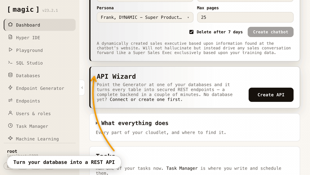 The API Wizard generating a complete secured REST API from the chinook database, invoking an endpoint, and extending it in plain English