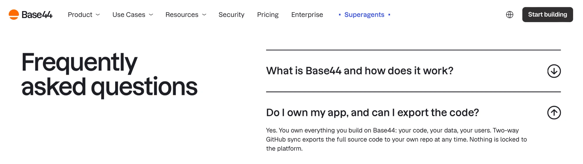Screenshot of the Base44 pricing page FAQ. Question: Do I own my app, and can I export the code? Answer: Yes. You own everything you build on Base44: your code, your data, your users. Two-way GitHub sync exports the full source code to your own repo at any time. Nothing is locked to the platform.