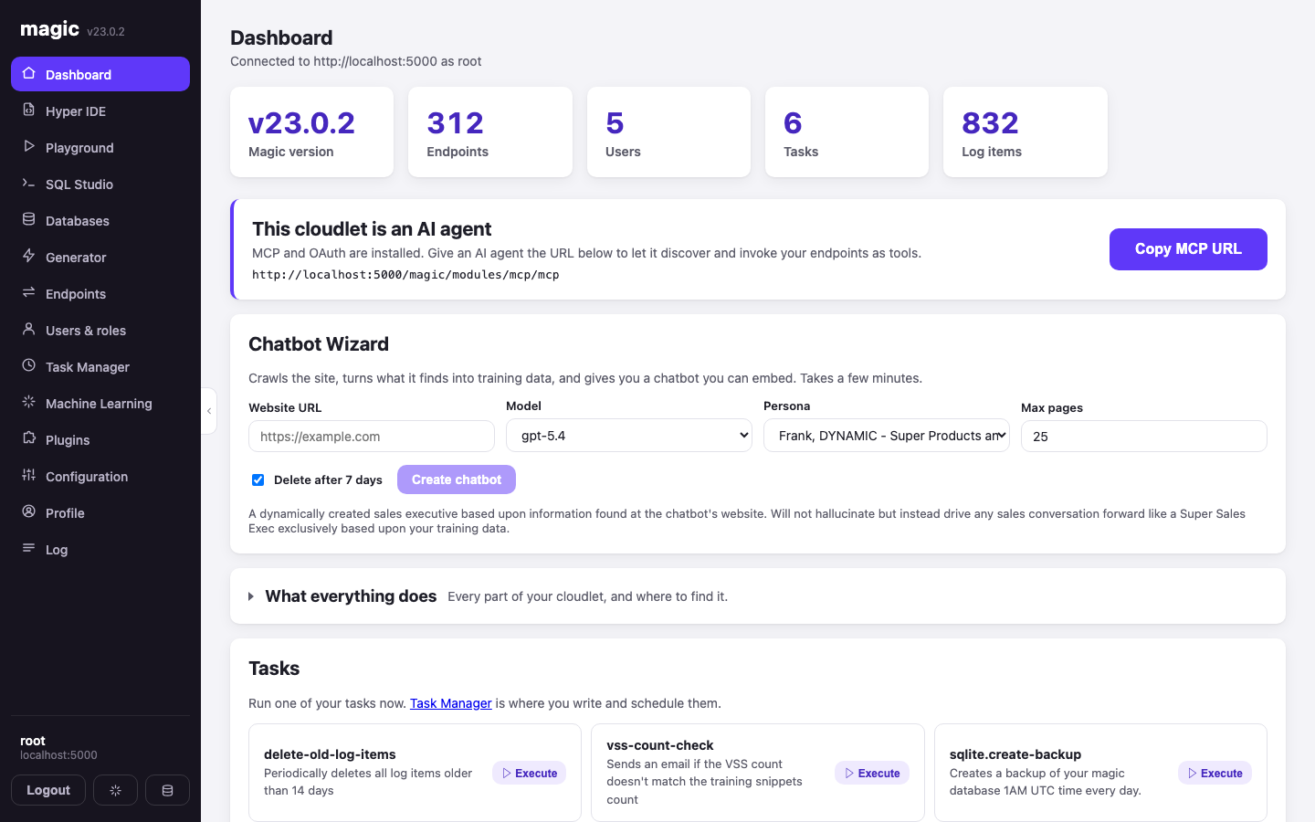 The new Magic Cloud dashboard, showing KPI cards, the MCP agent banner and the Chatbot Wizard