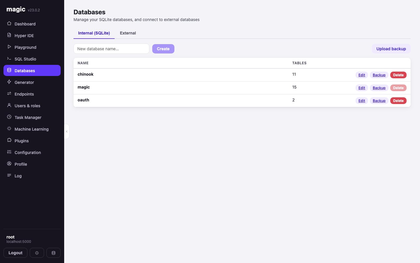 The Databases screen listing SQLite databases with table counts
