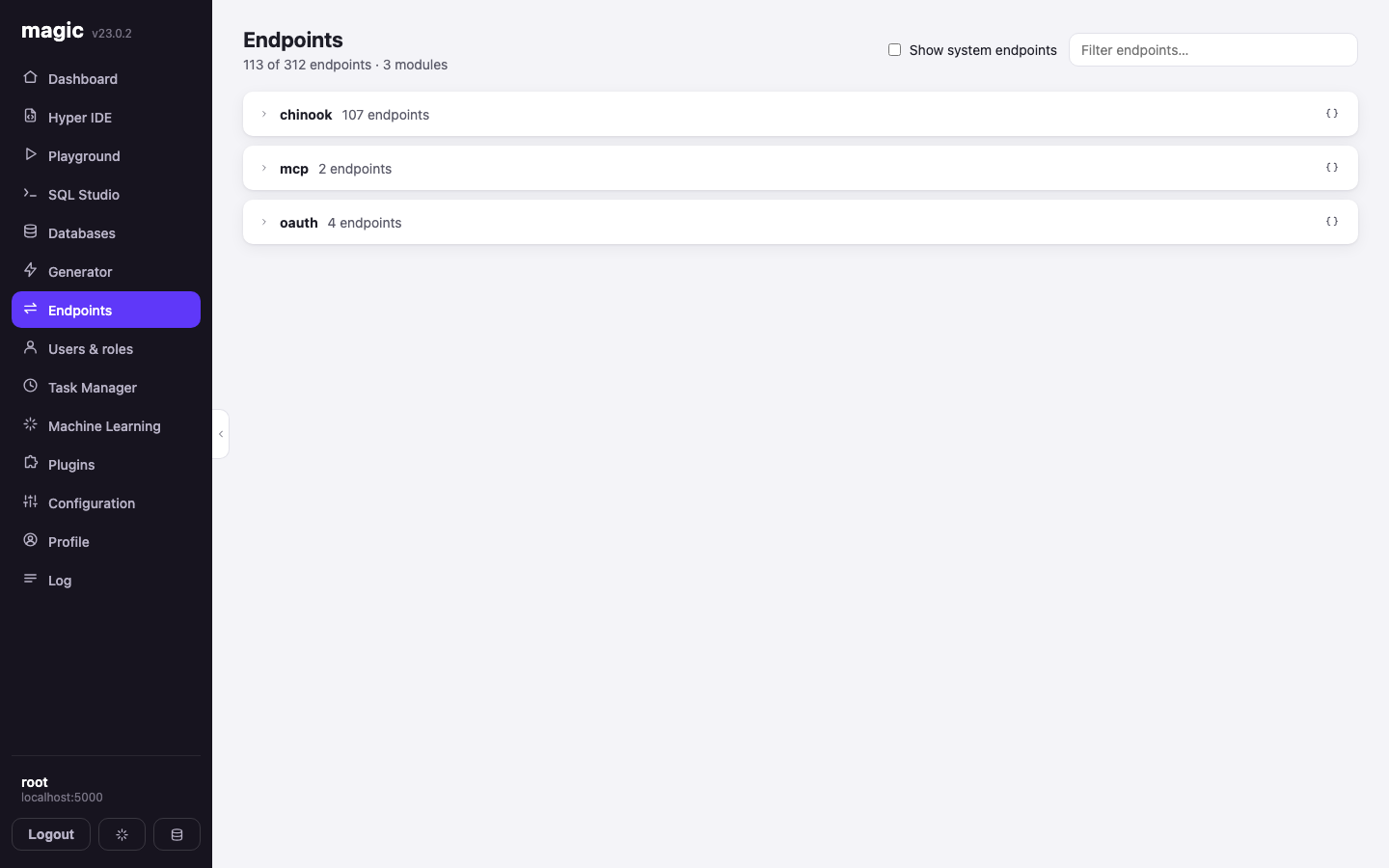 The Endpoints screen with modules expanded showing HTTP verb badges