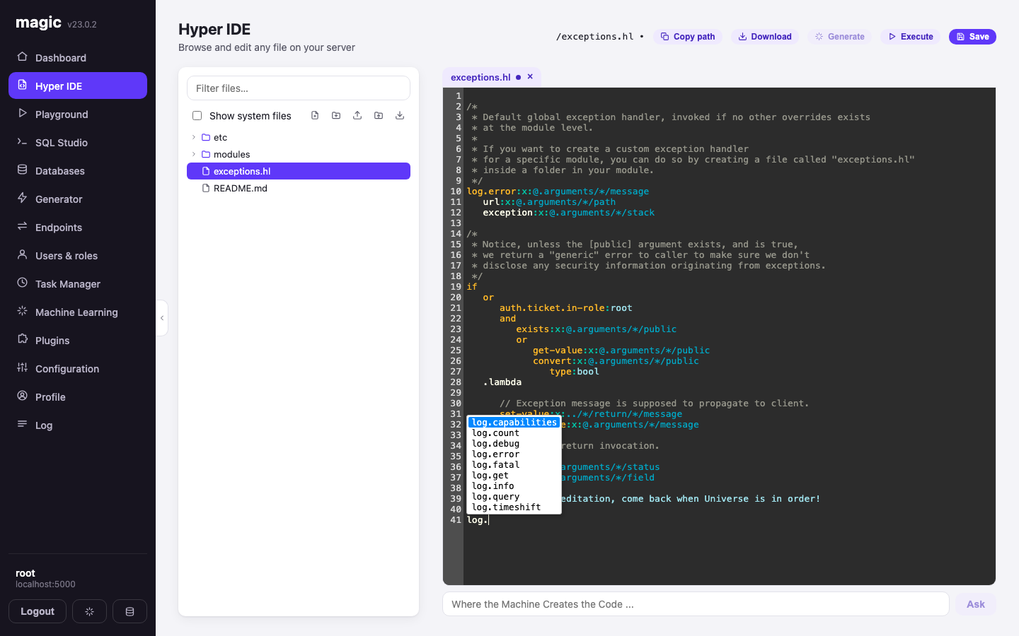 Hyper IDE with a Hyperlambda file open, a dirty tab marker, and the slot autocomplete popup showing