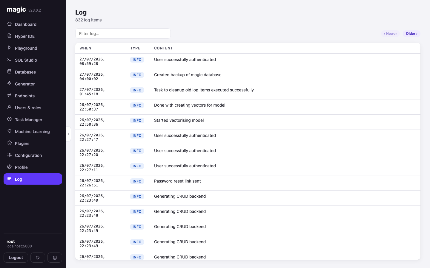 The Log screen listing backend log entries by type and time