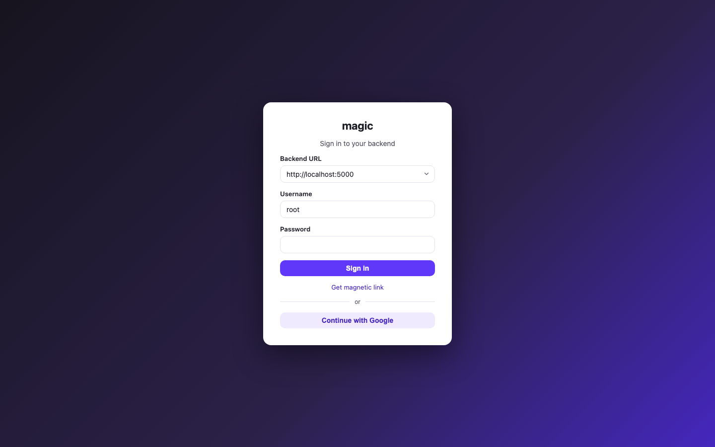 The Magic login screen with backend selector, magnetic link and Google sign-in