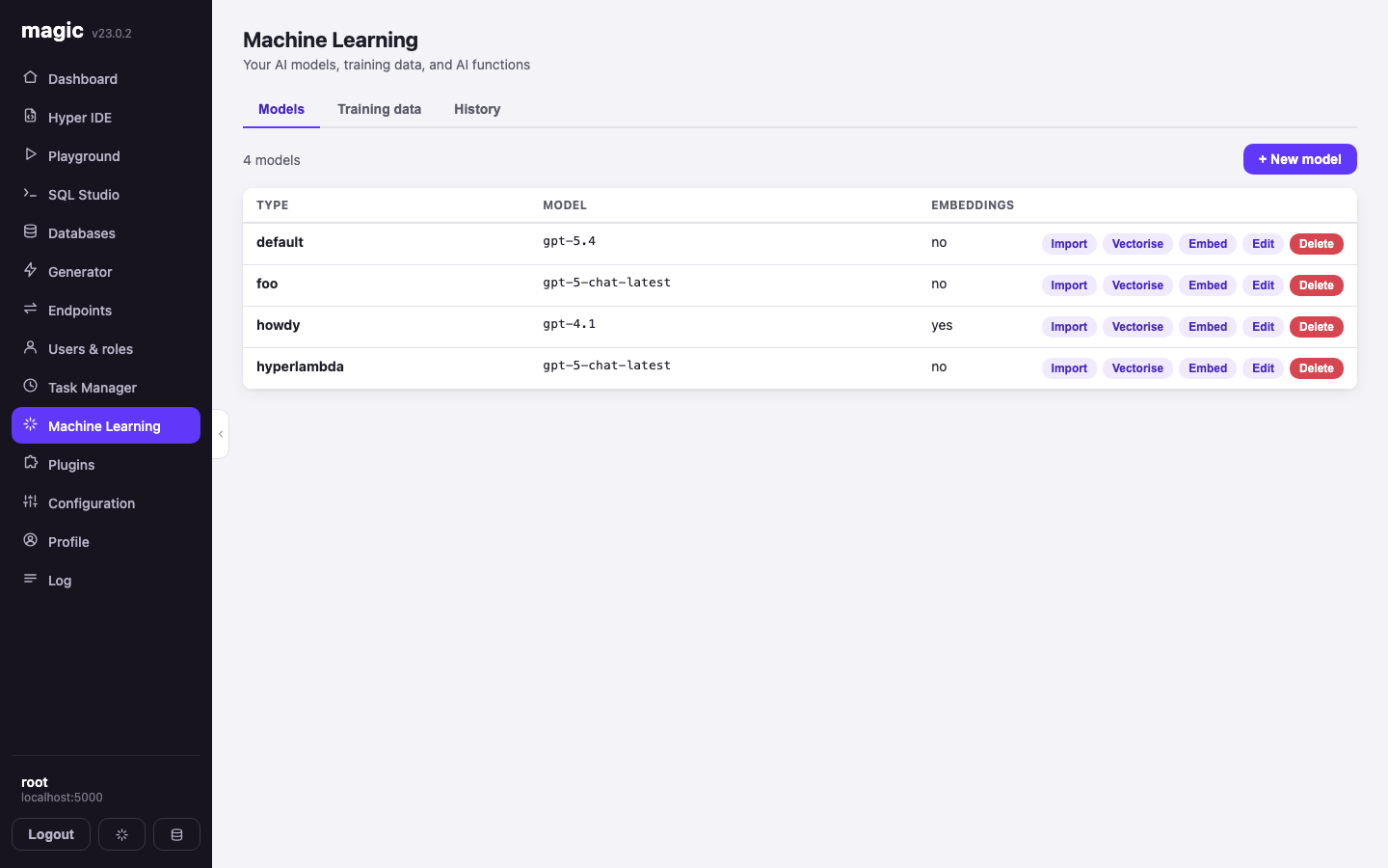 The Machine Learning screen listing models with import, vectorise and embed actions