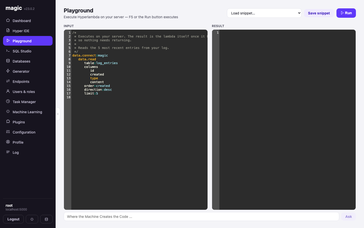 The Hyperlambda Playground with a data.read example and its result pane