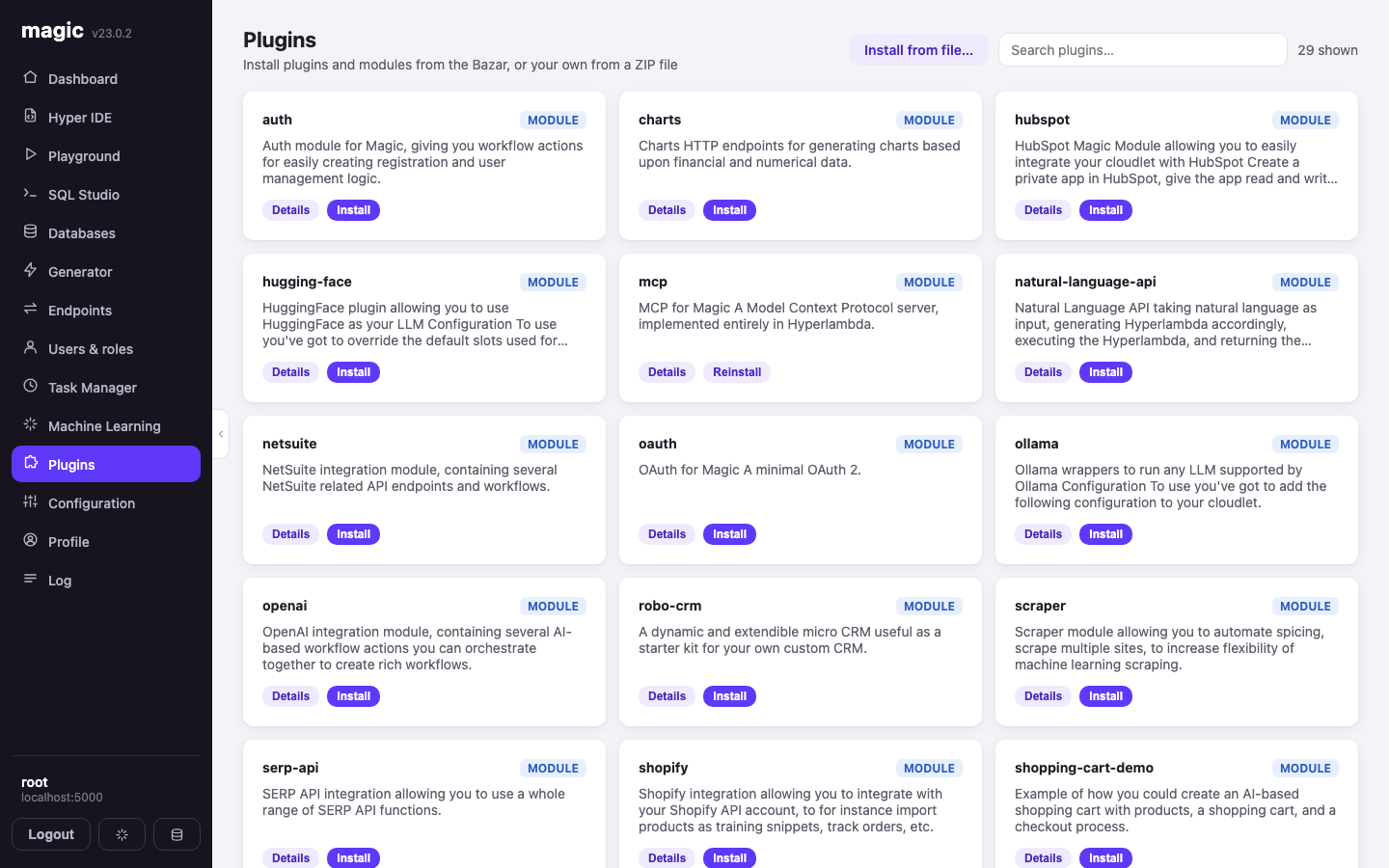 The Plugins screen showing available Bazar modules