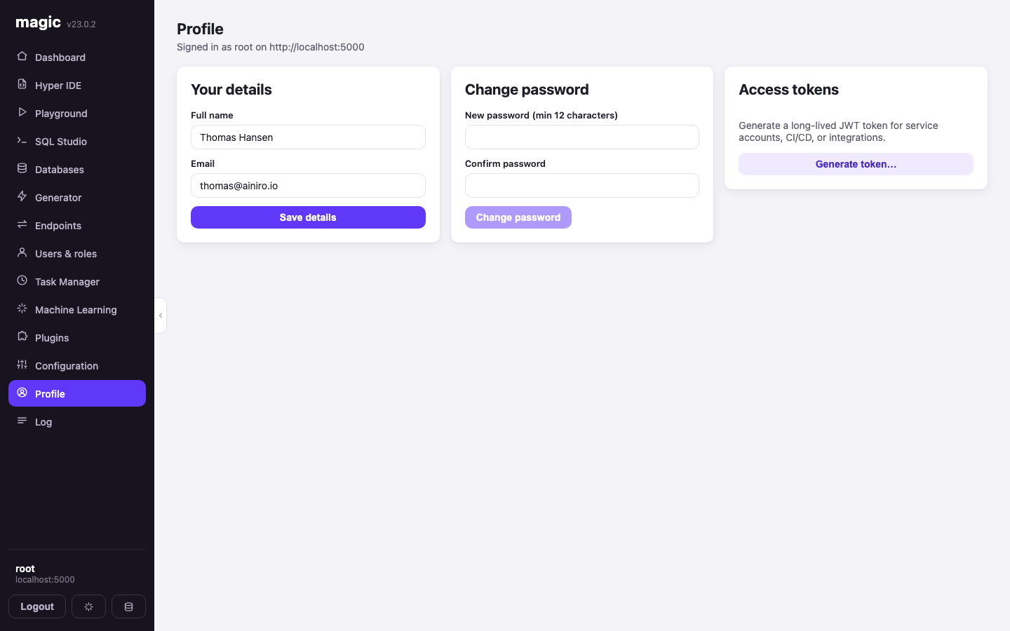 The Profile screen with details, password change and access token generation