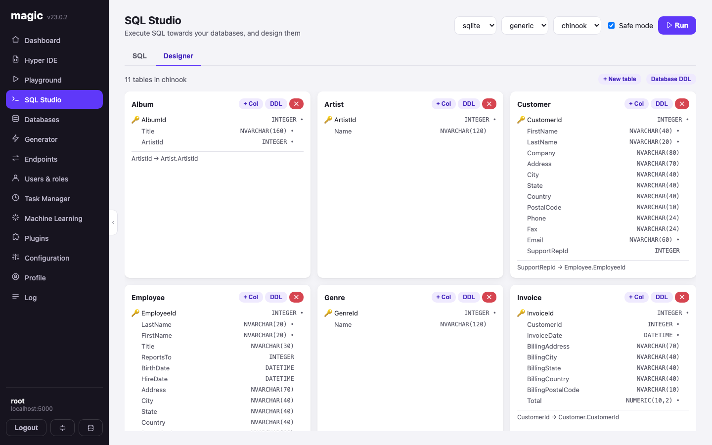 The SQL Studio Designer tab rendering chinook tables as schema cards with foreign keys