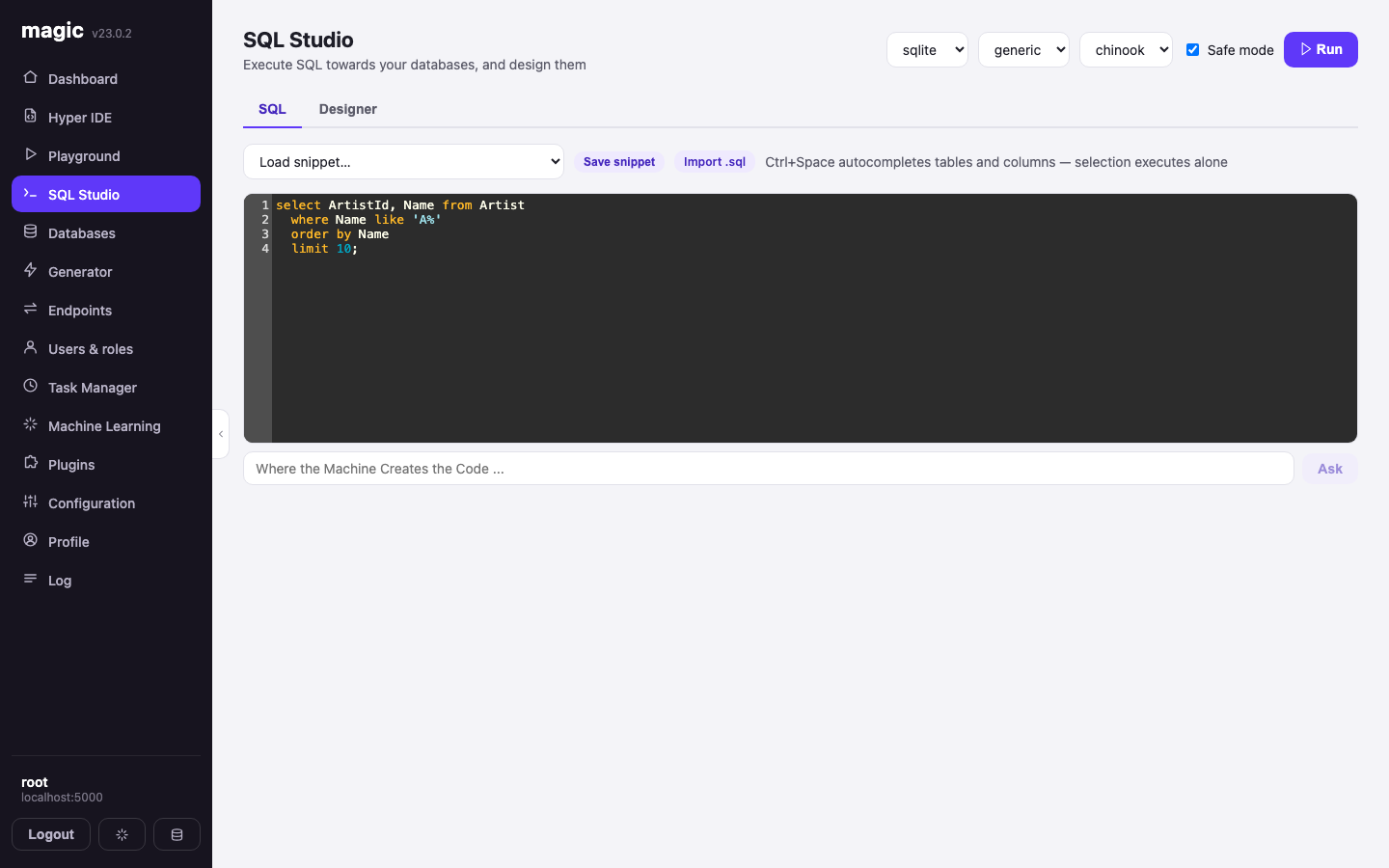 SQL Studio with a query written against the chinook database