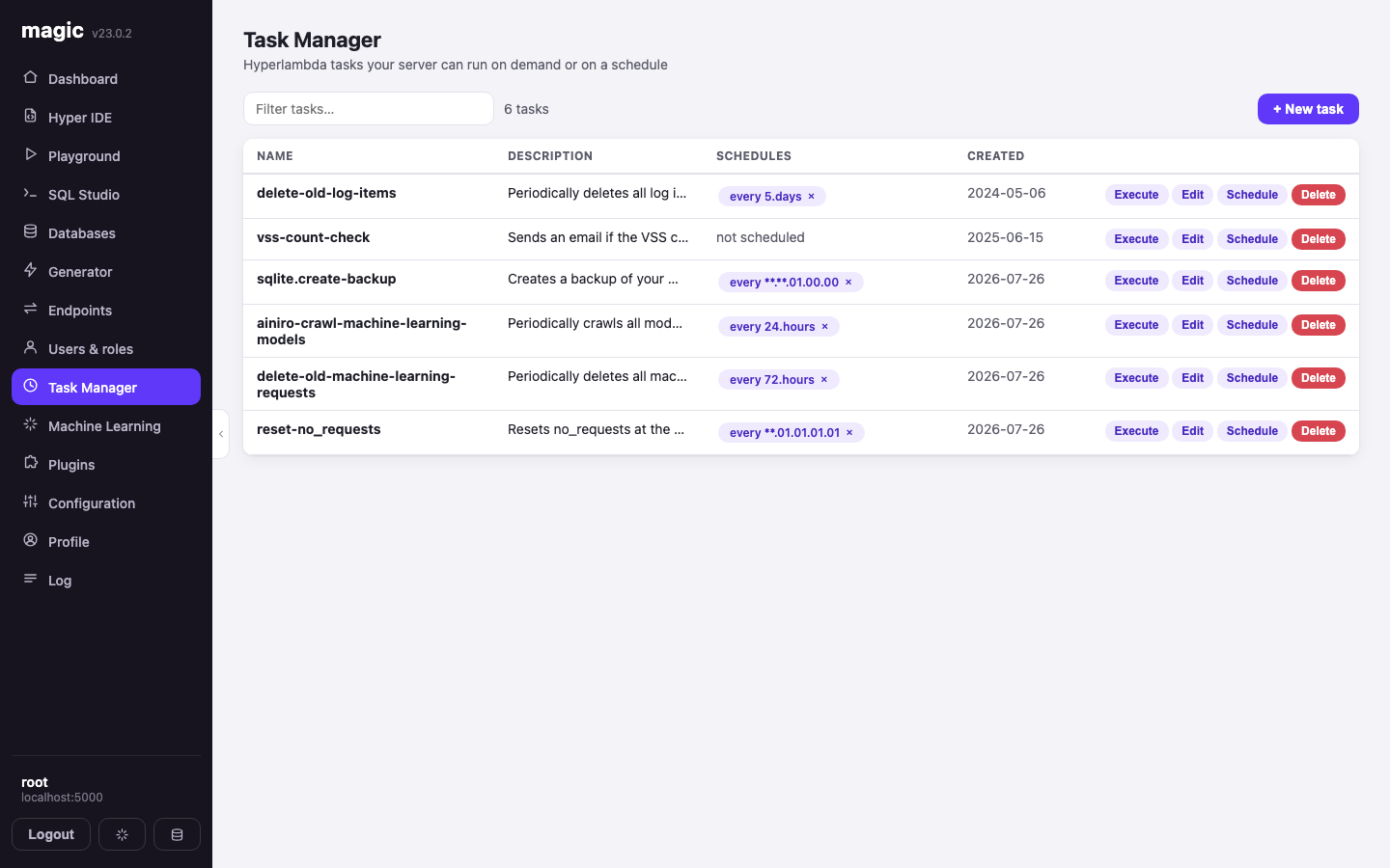 The Task Manager listing scheduled Hyperlambda tasks