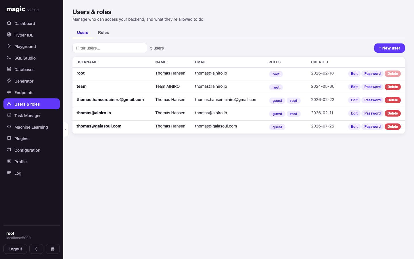 The Users and roles screen listing users with their roles