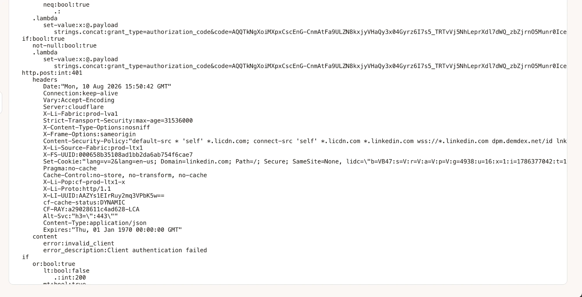A Hyperlambda execution trace of the token exchange, showing LinkedIn answering 401 invalid_client