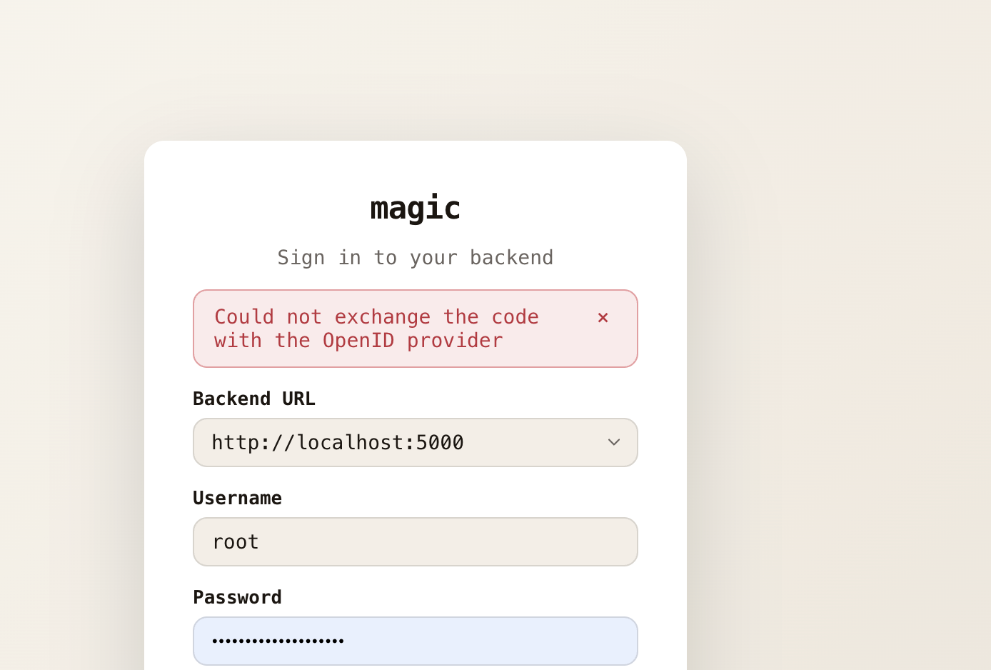 The login screen showing the generic 'Could not exchange the code with the OpenID provider' error while debugging LinkedIn