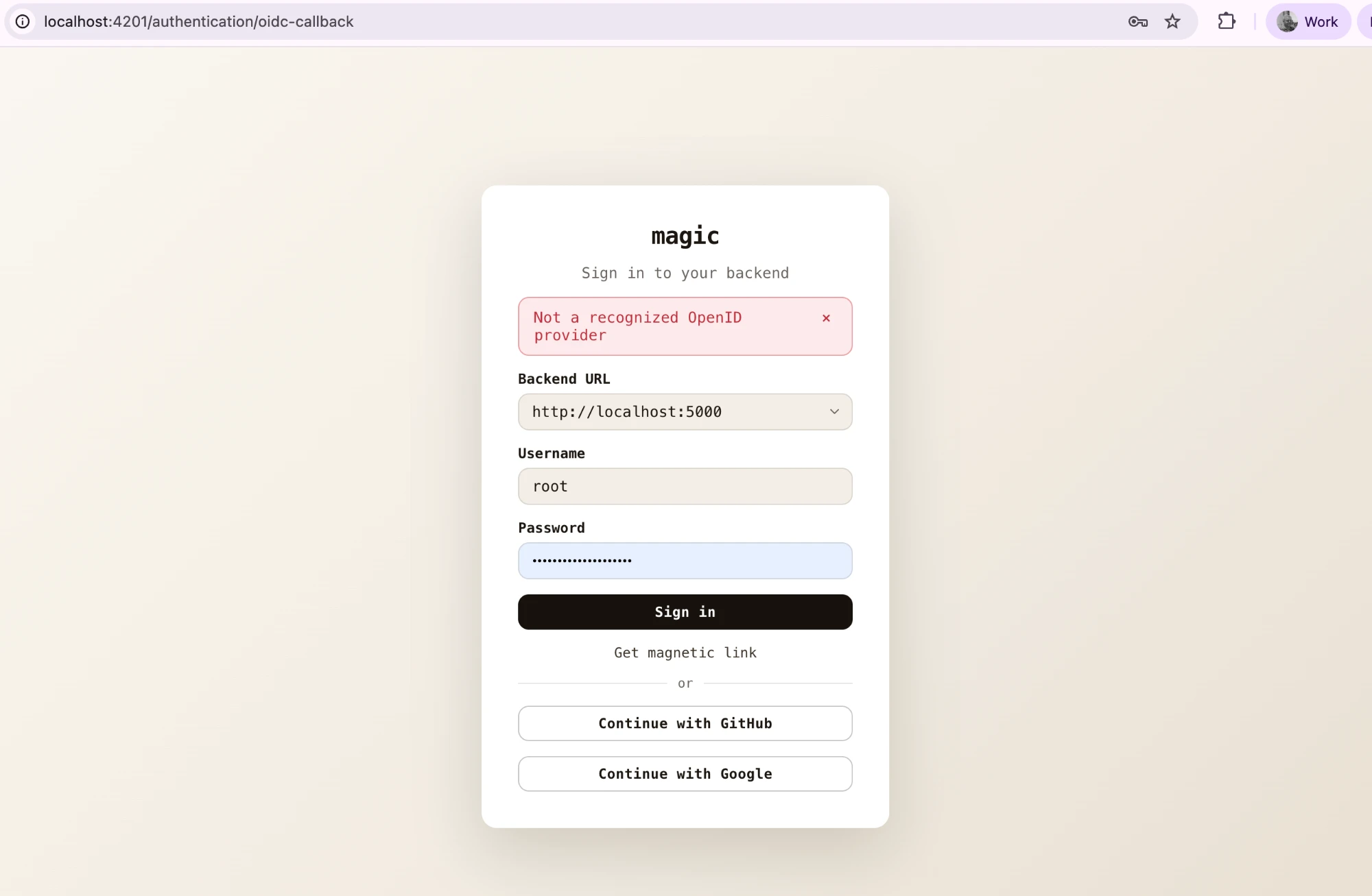 The login screen with GitHub and Google sign-in buttons, and the 'Not a recognized OpenID provider' error being debugged