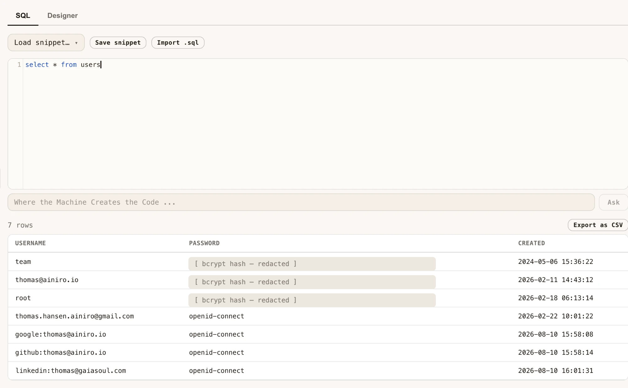 The users table after the change, showing provider-scoped usernames like google:, github: and linkedin: prefixed emails