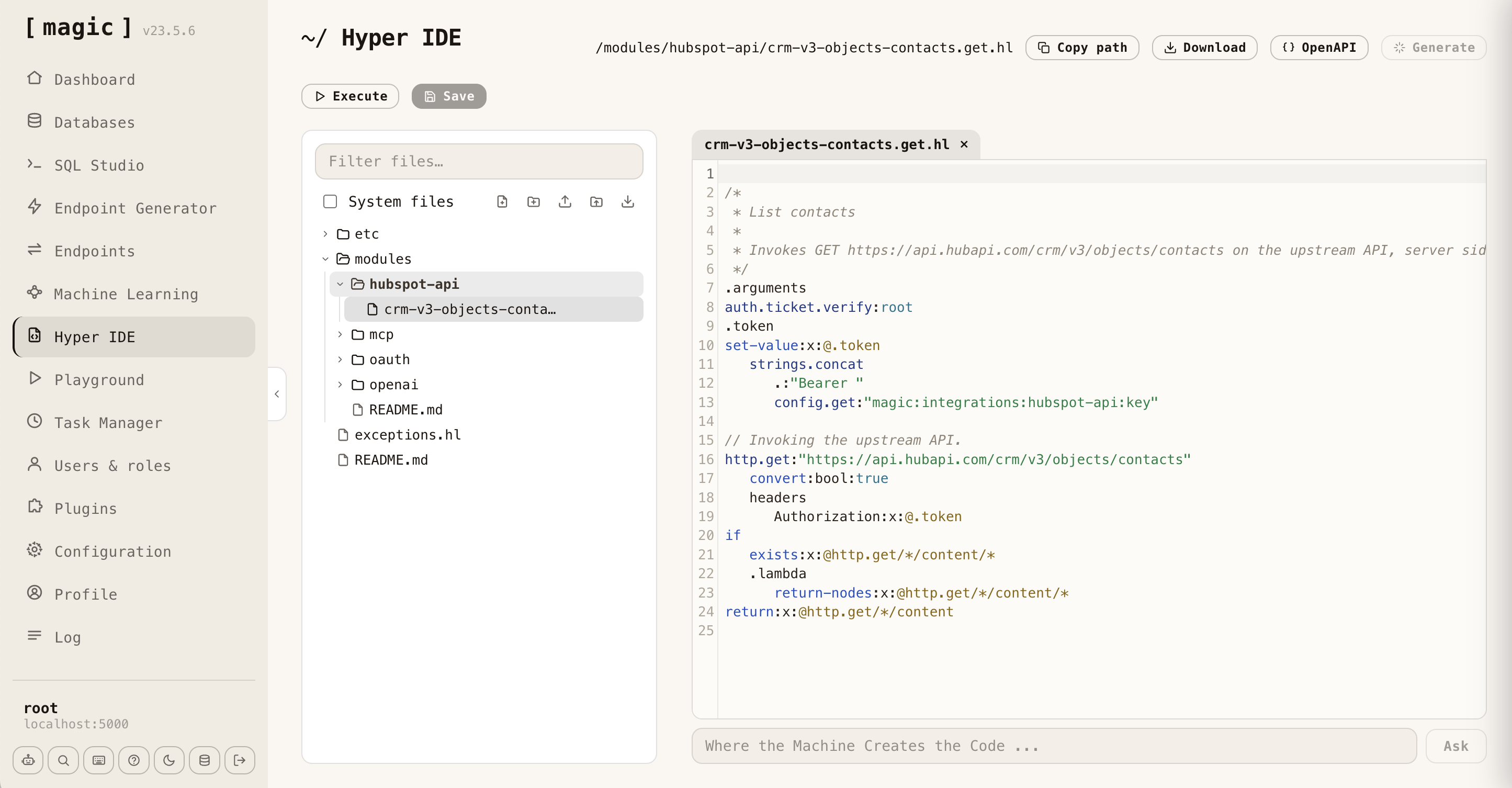 Hyper IDE showing the generated crm-v3-objects-contacts.get.hl file, which verifies the root role, reads the HubSpot token from configuration key magic:integrations:hubspot-api:key, and forwards the request to the upstream HubSpot API