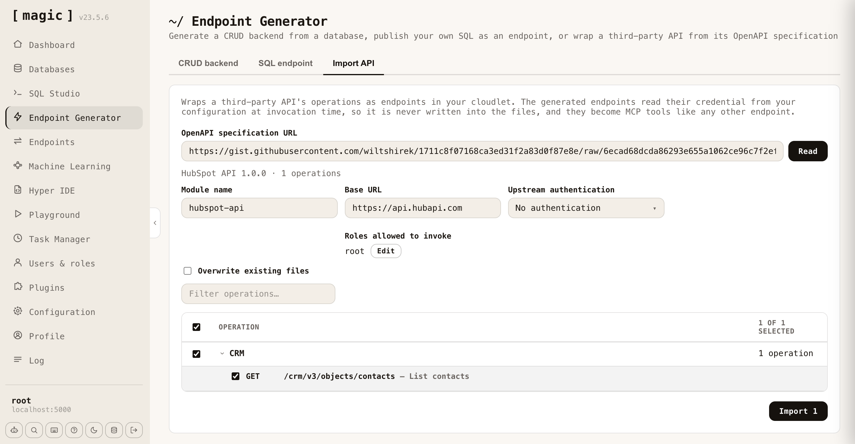 Magic's Endpoint Generator on the Import API tab, having read a single-operation HubSpot specification: module hubspot-api, base URL https://api.hubapi.com, role root, one GET /crm/v3/objects/contacts operation ticked