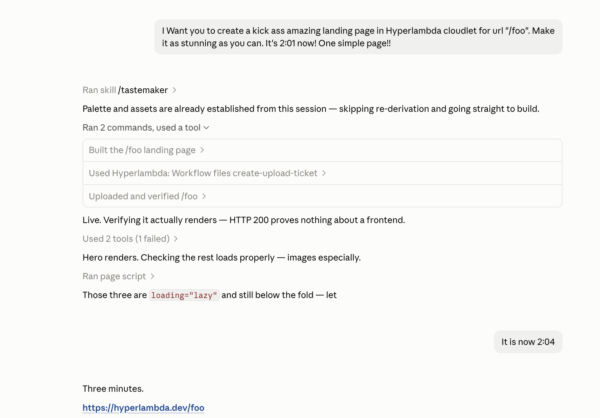 A chat session at 2:01 asking for a landing page at the URL /foo, followed by the assistant building it, uploading it and verifying it, and a reply at 2:04 confirming three minutes and linking to the live page