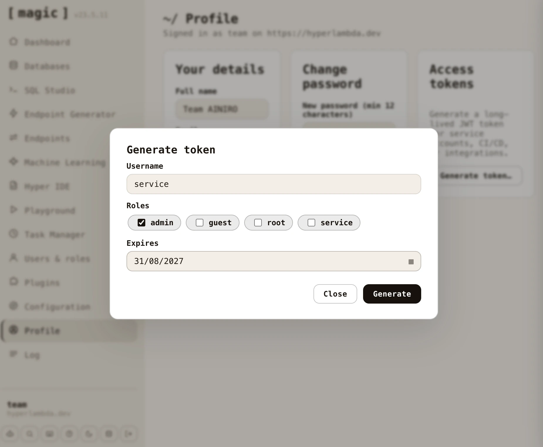 The Generate token dialog on the Profile screen, with a username field, role checkboxes, and an expiry date