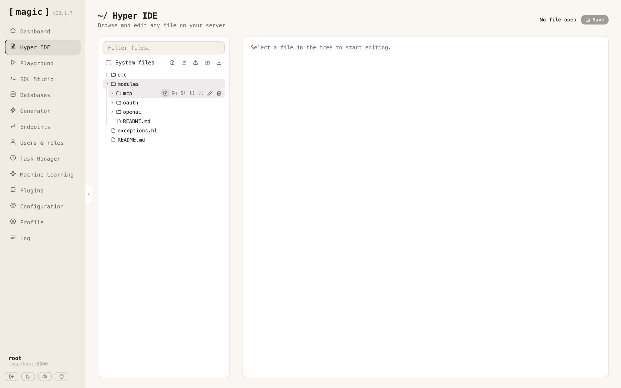 A module folder's action buttons in Hyper IDE's file tree, with the Git branch icon among them