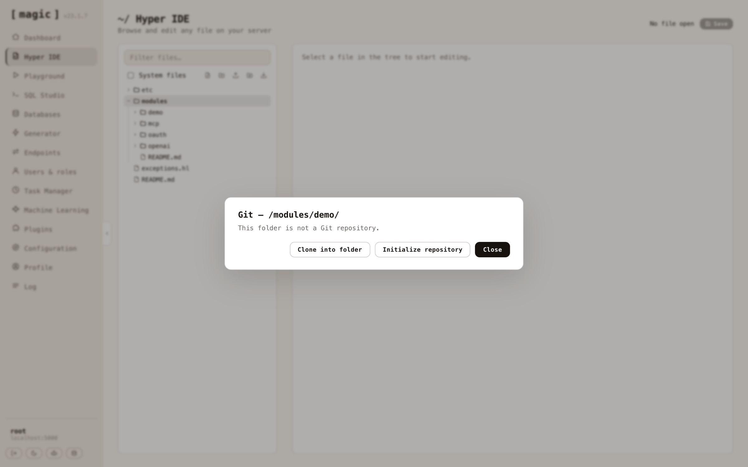Hyper IDE's Git panel on a folder that is not yet a repository, offering clone and initialize actions