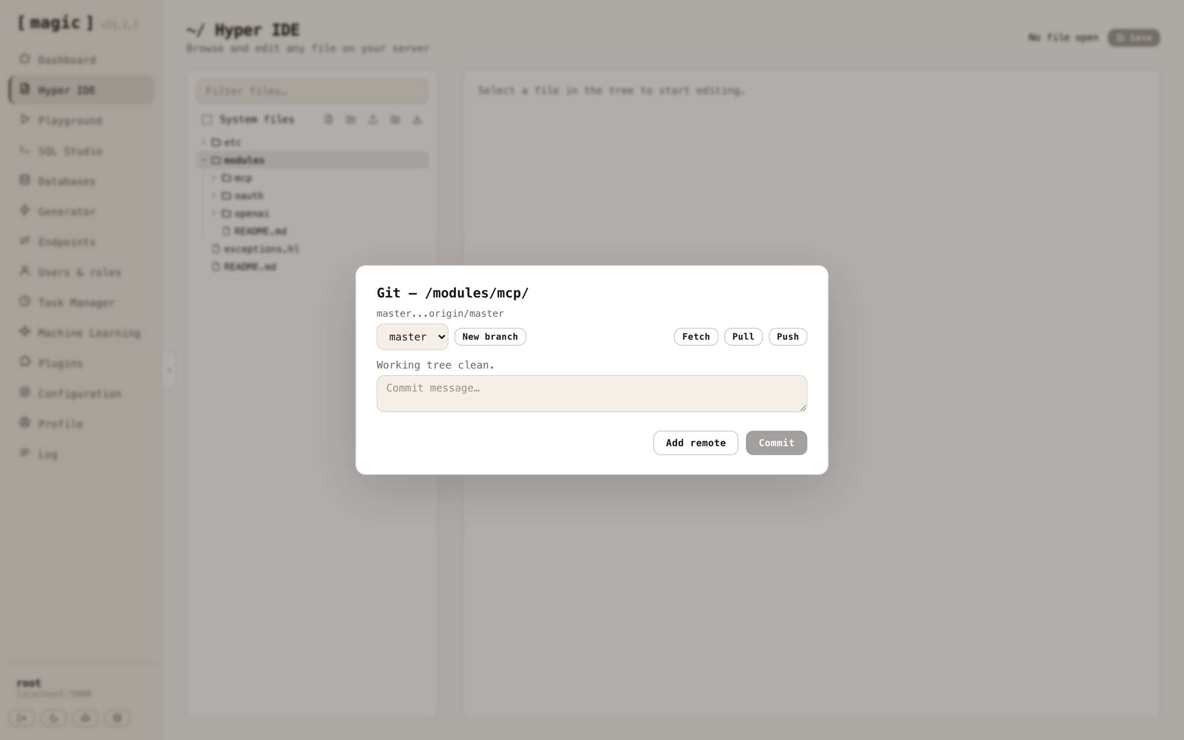 Hyper IDE's Git panel showing branch, tracking status, and commit actions for a module
