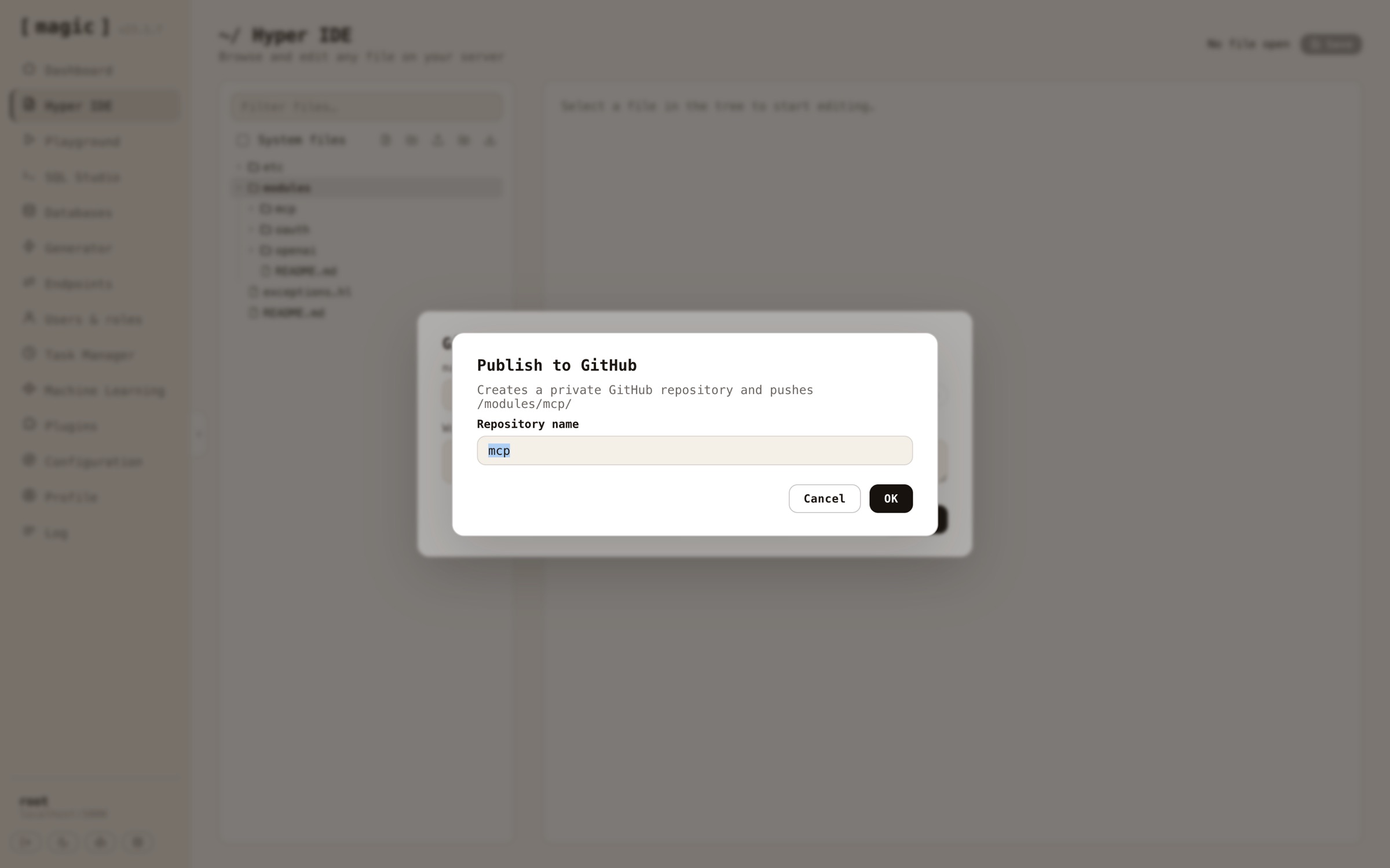 Publishing a module to GitHub from Hyper IDE, prompting for the new repository's name