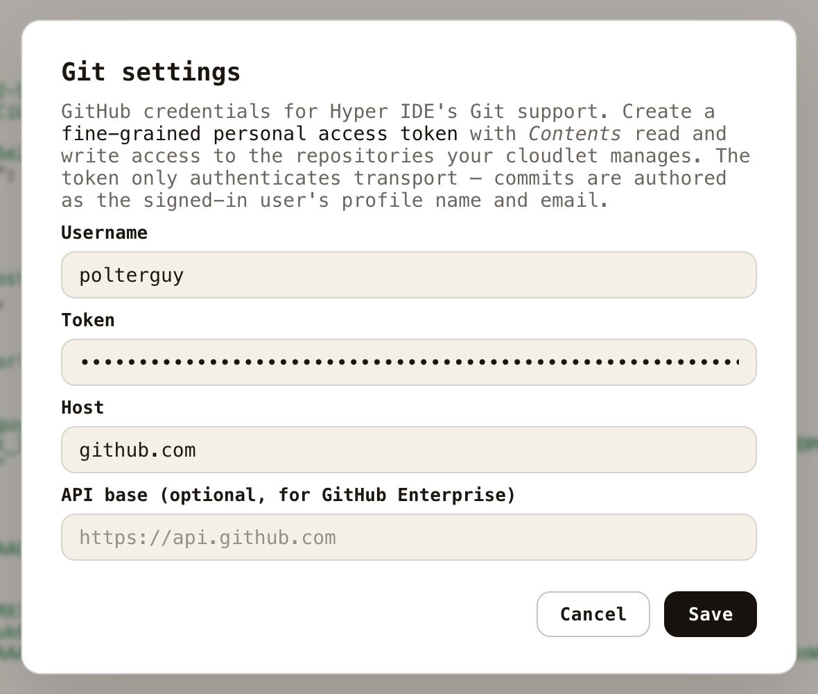 The Git settings dialog on the Configuration screen, with GitHub username, token and host