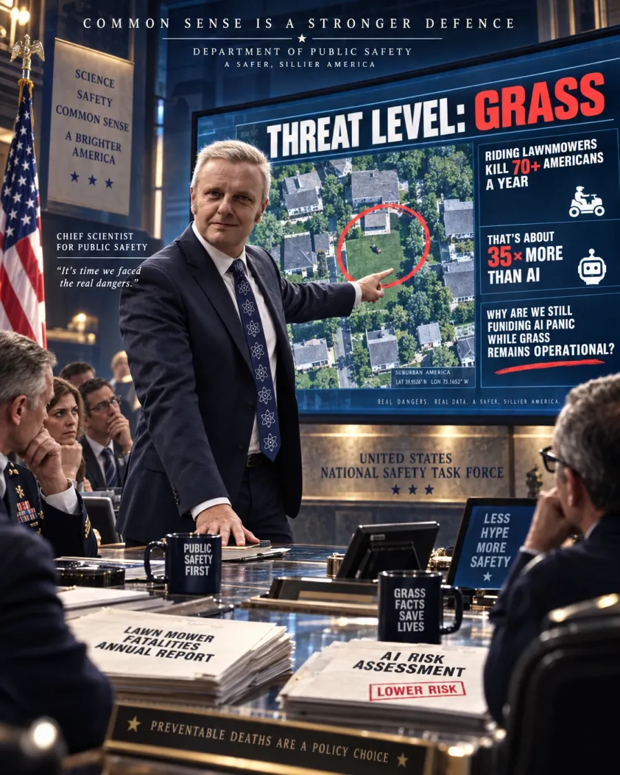 A scientist briefs a national safety task force in front of a screen reading THREAT LEVEL: GRASS, with an aerial photograph of a suburban lawn circled in red
