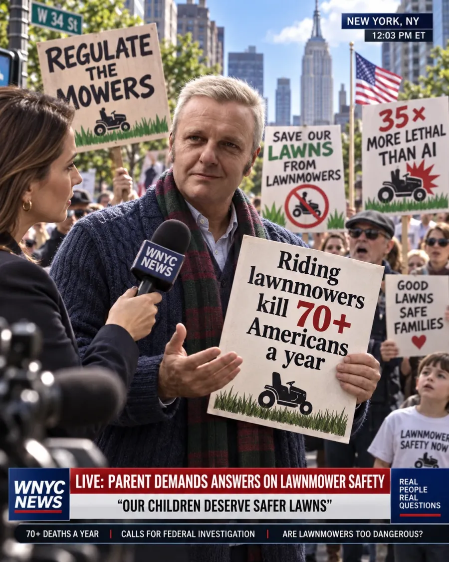 A man is interviewed by a news reporter at a street protest, holding a placard reading Riding lawnmowers kill 70+ Americans a year