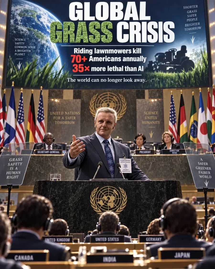 A speaker addresses a United Nations style assembly beneath a huge banner reading GLOBAL GRASS CRISIS