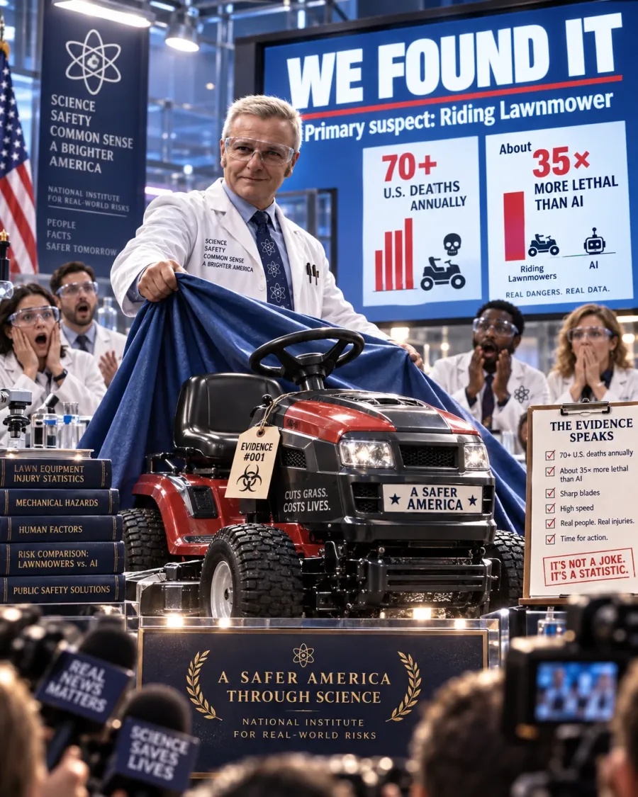 A scientist pulls a cover off a riding lawnmower on a plinth at a press conference, under a screen reading WE FOUND IT, primary suspect: Riding Lawnmower