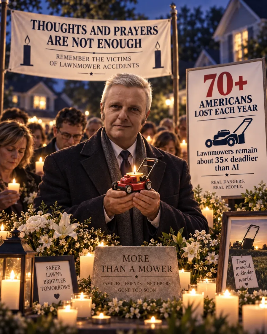 A candlelit evening vigil with a banner reading Thoughts and prayers are not enough, remember the victims of lawnmower accidents