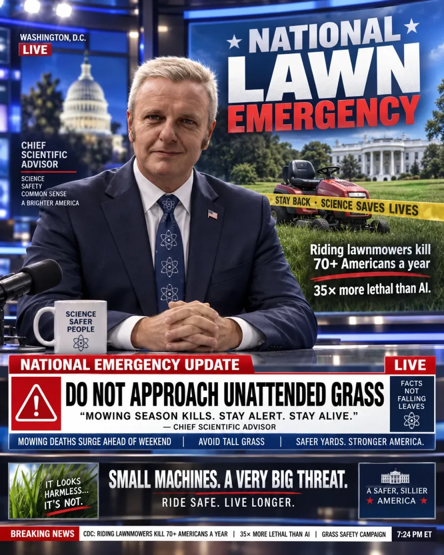 A news studio broadcast titled NATIONAL LAWN EMERGENCY with a ticker reading DO NOT APPROACH UNATTENDED GRASS