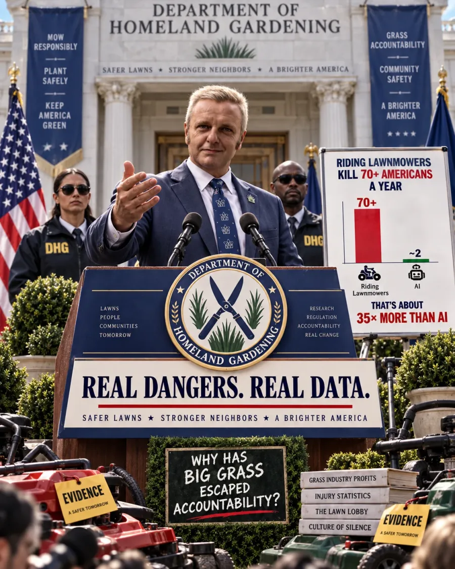 An official speaks at a podium outside the Department of Homeland Gardening, beside a chart comparing 70+ lawnmower deaths to about 2 for AI