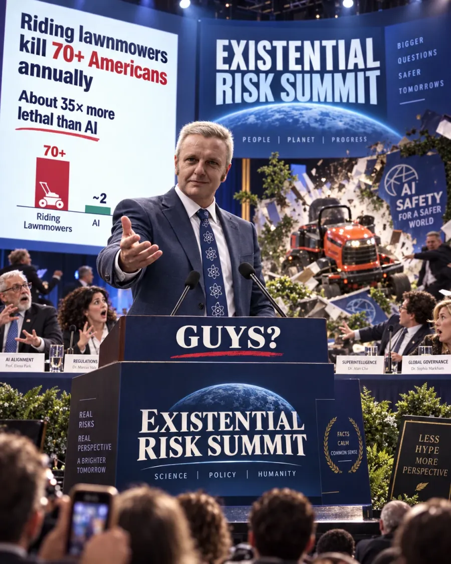 A speaker at an Existential Risk Summit stands behind a podium reading GUYS? beside a chart showing 70+ lawnmower deaths against about 2 for AI