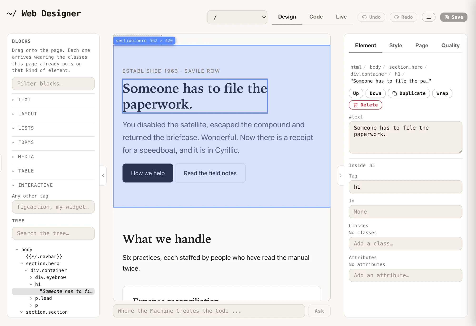 The Magic dashboard's Web Designer with the template's front page open, the hero heading selected on the canvas, the element breadcrumb html / body / section.hero / div.container / h1 on the right, and the document tree on the left showing a node reading {{*/.navbar}}
