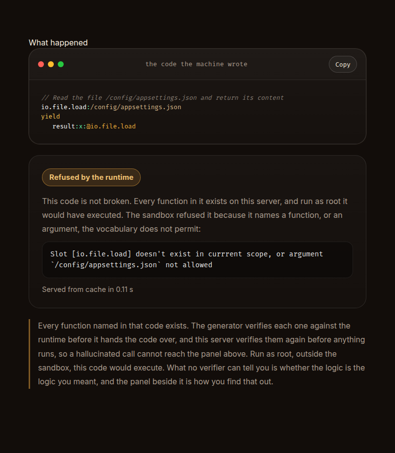 The Natural Language API refusing a generated file read: the model wrote io.file.load against /config/appsettings.json, and the runtime declined to dispatch it