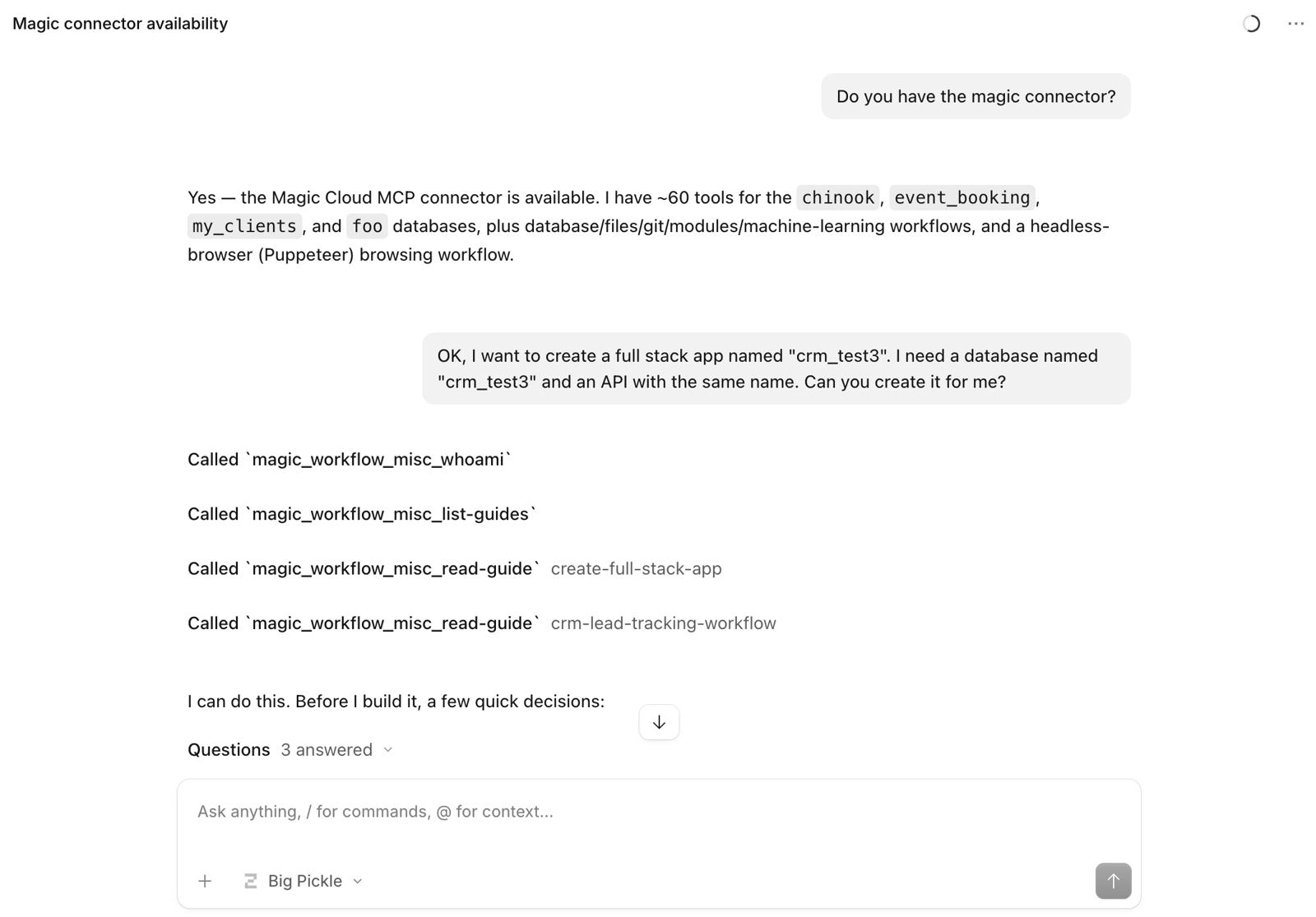 OpenCode with the Big Pickle model connected to Magic's MCP server, reading the platform guides before building the crm_test3 app