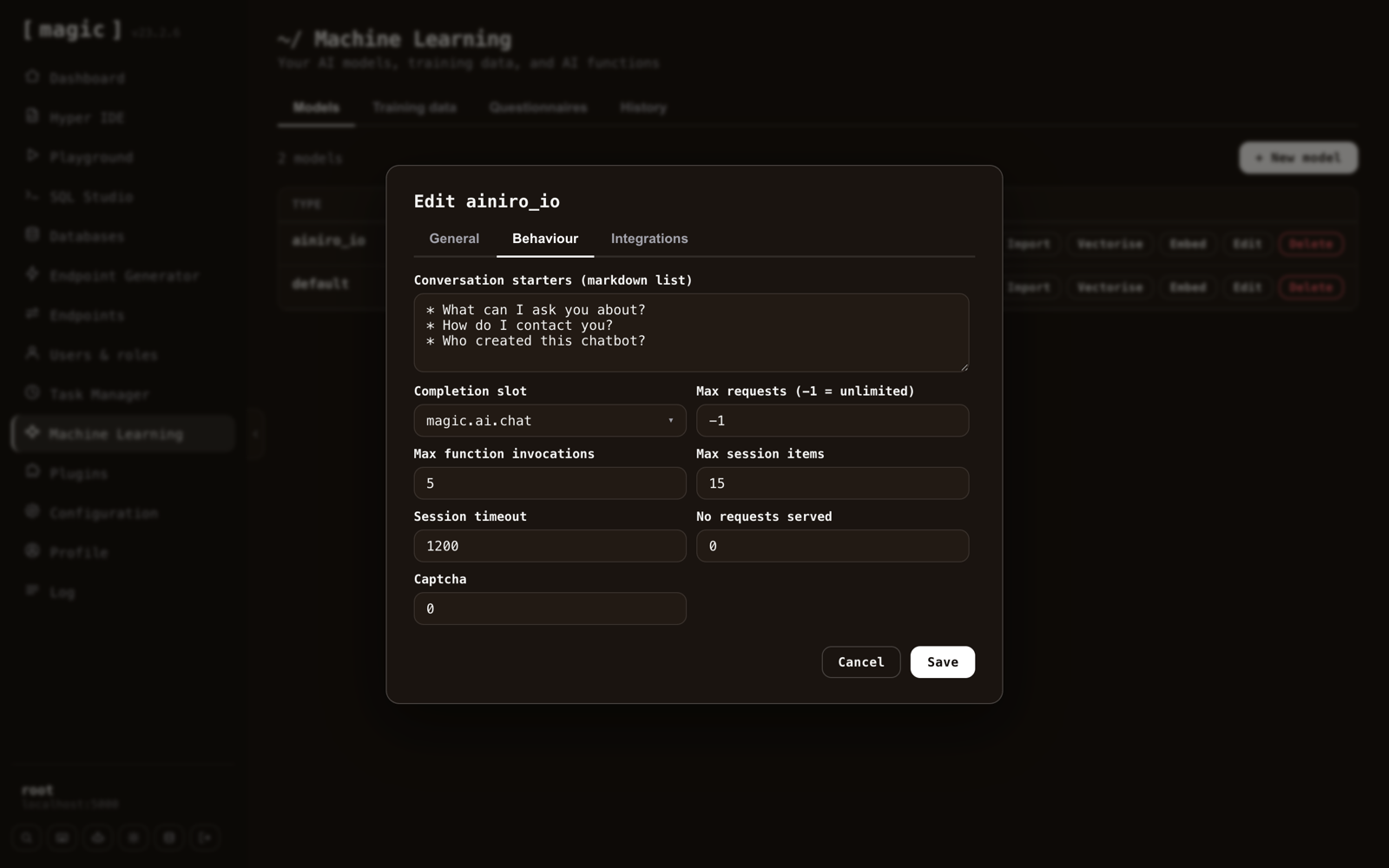 The model dialog's Behaviour tab with Max session items and Session timeout