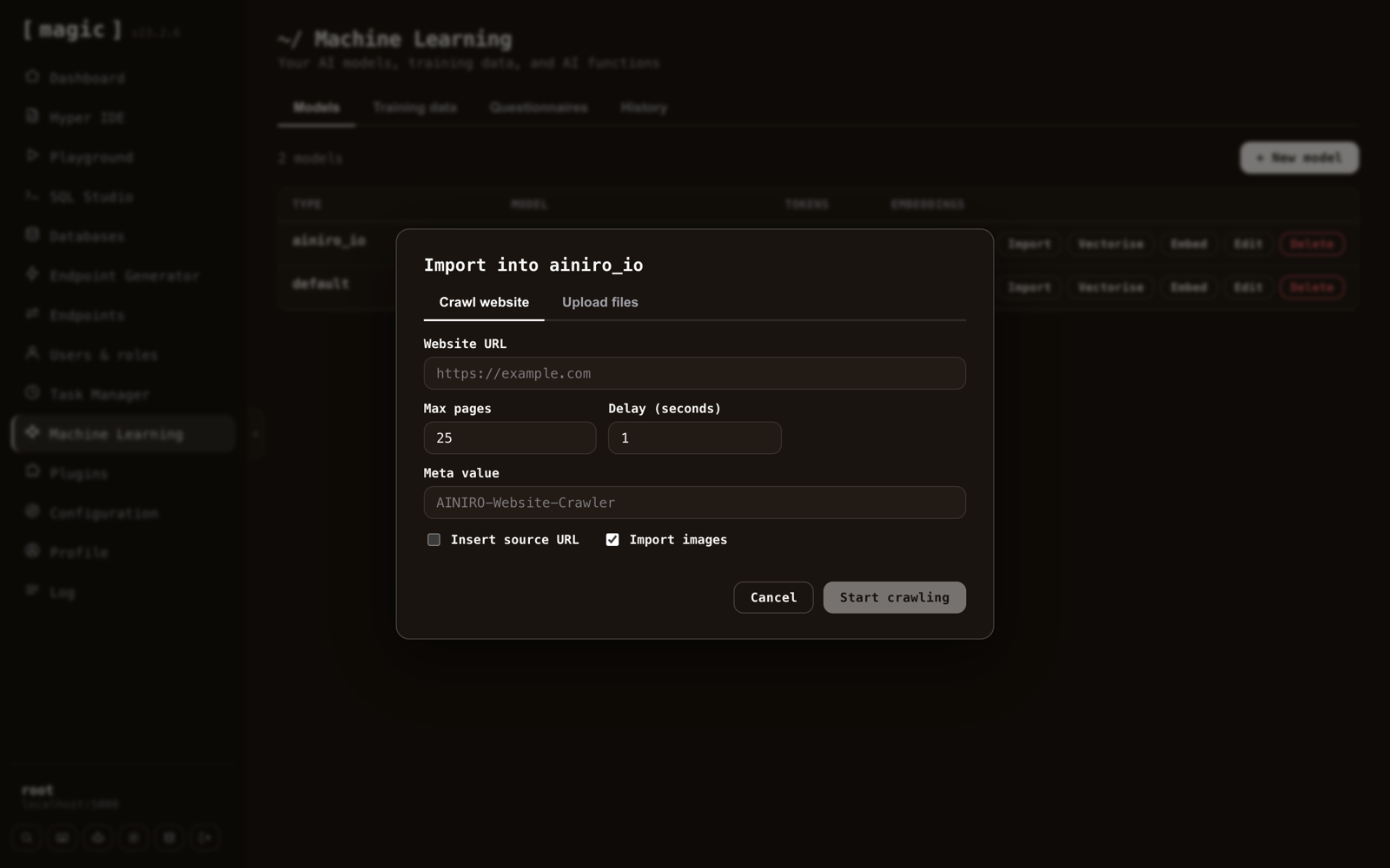 The import dialog - URL, max pages, delay, and two checkboxes