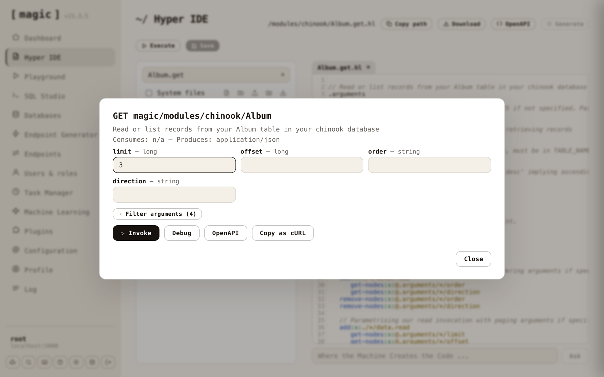 The execution dialog, with a Debug button beside Invoke