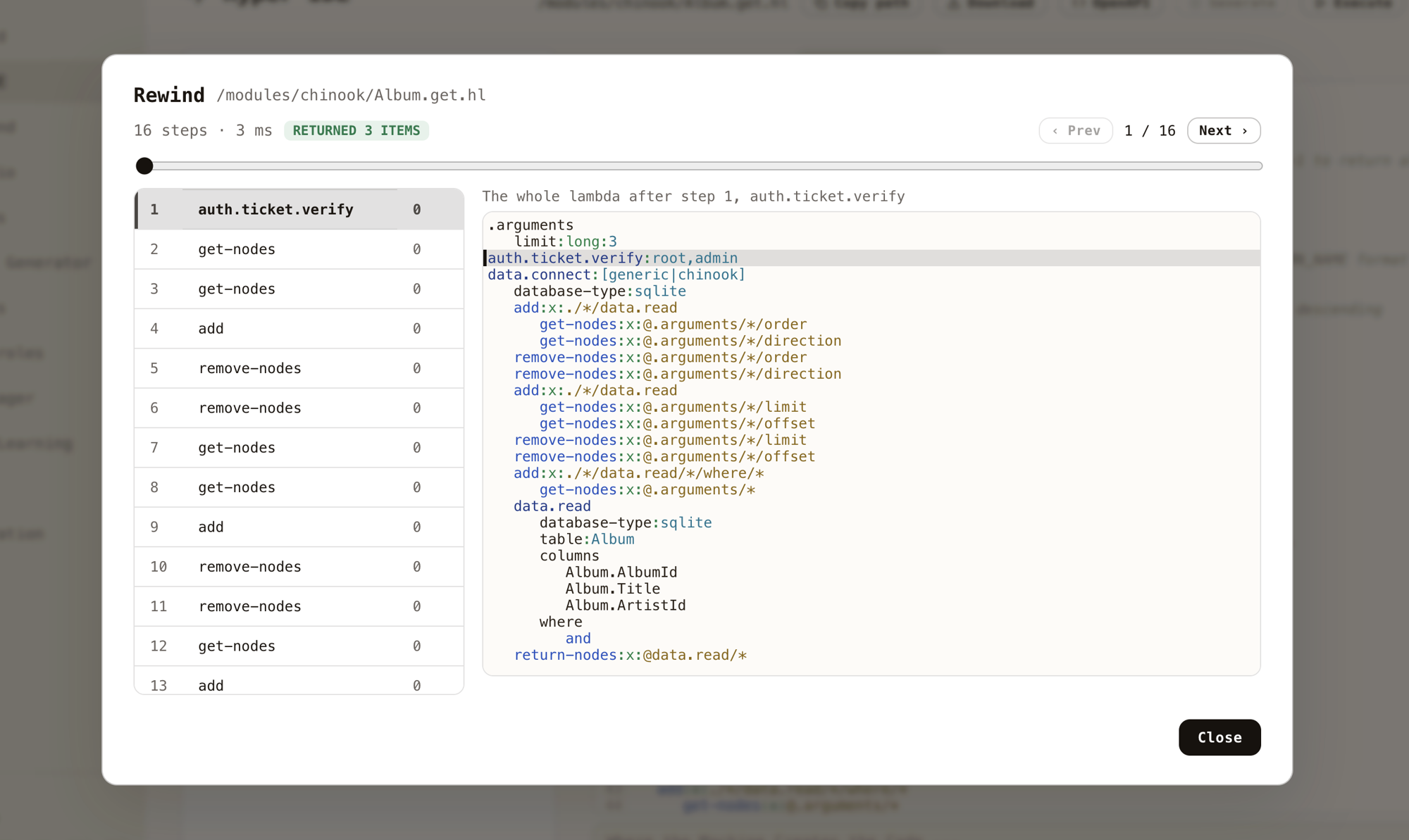 Rewind stepping through a recorded execution, with the current statement highlighted in the code