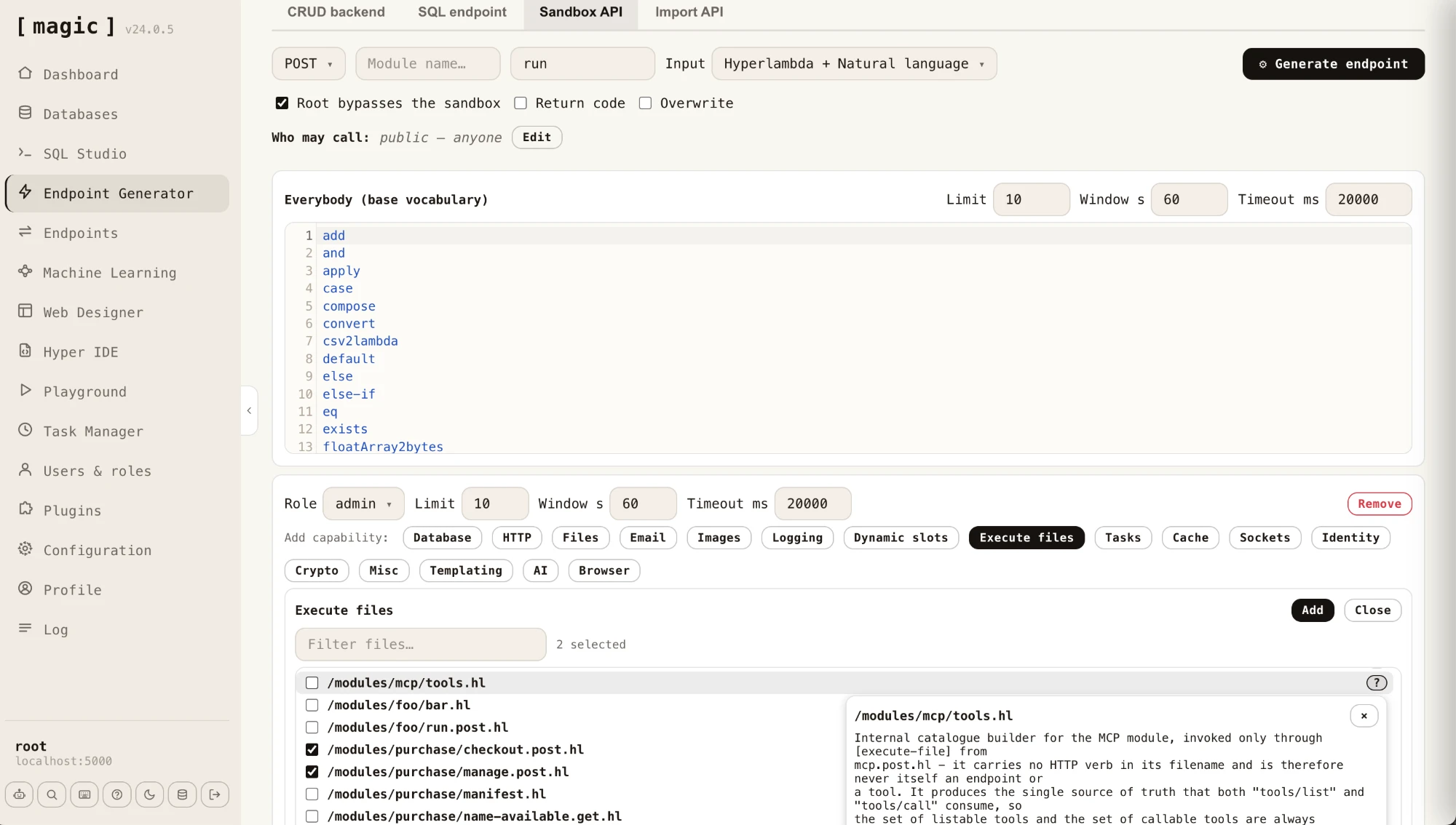 The Sandbox API generator's Execute files capability, showing a role's vocabulary pinned to two exact file paths, with a tooltip revealing one file's own description