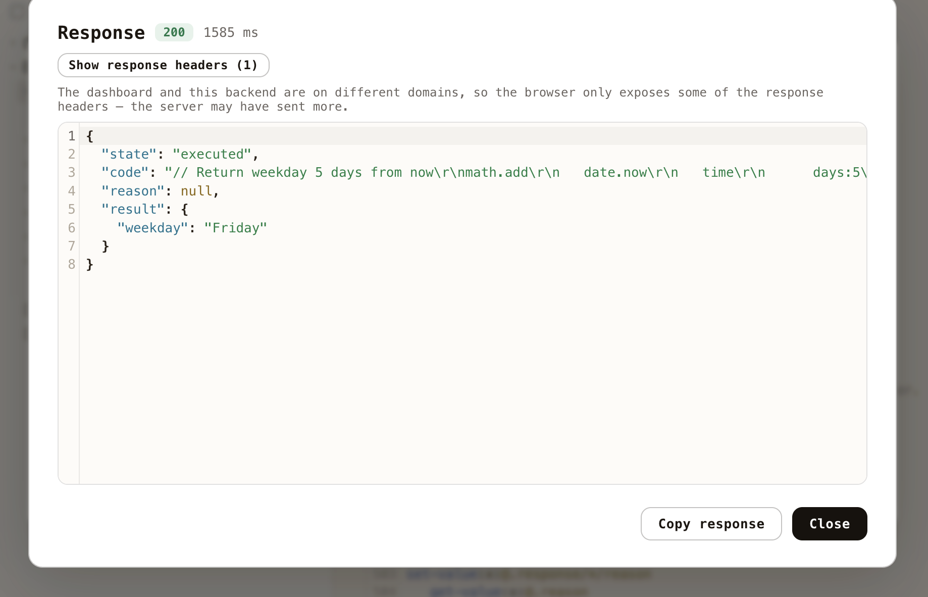 The endpoint's response to a plain-English instruction, showing state executed, the generated Hyperlambda, a null reason, and the result