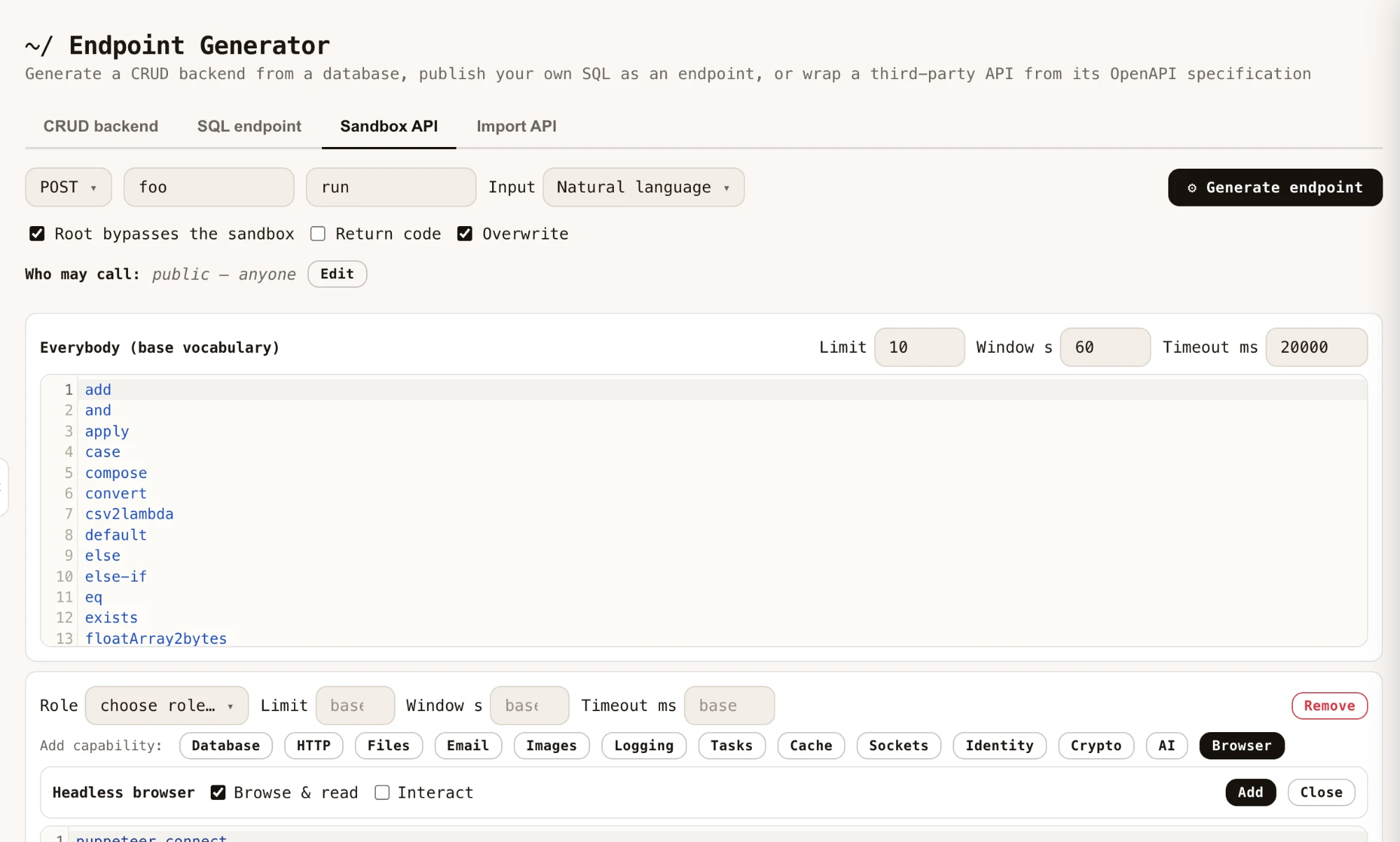 The Sandbox API tab in Magic's Endpoint Generator, showing the input selector, the everybody base vocabulary editor, a per-role rule with a row of capability wizards, and the headless browser wizard open